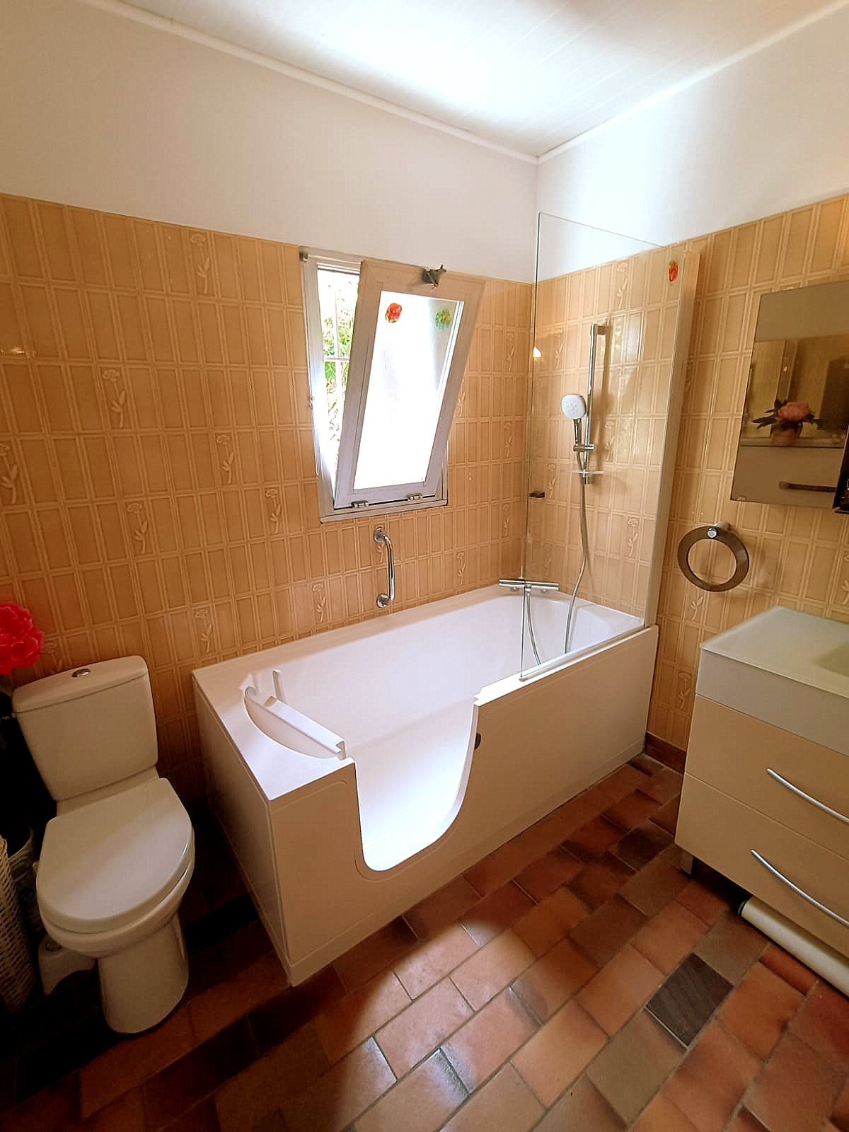 Baignoire à porte sécurisée avec fond antidérapant et pare-douche
